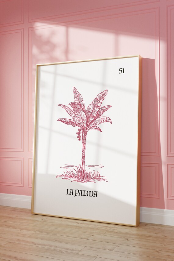 La Palma Mexican Loteria Card 51 Red Palm Tree Illustration Poster
