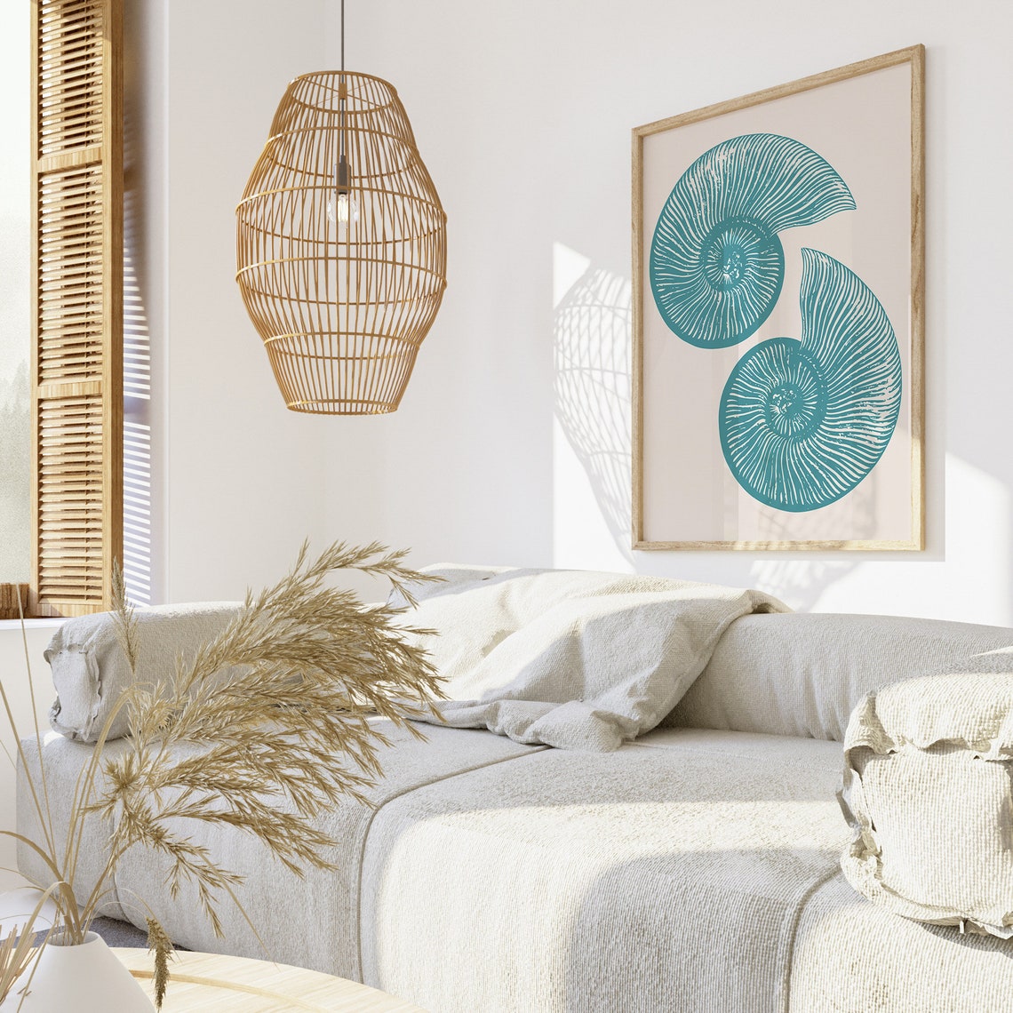Teal Nautilus Seashell Pair Coastal Minimalist Beach Wall Art - Image 2