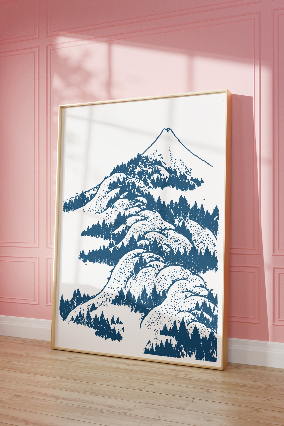 Blue Japanese Style Mountain Pine Forest Woodblock Art Poster - Image 3