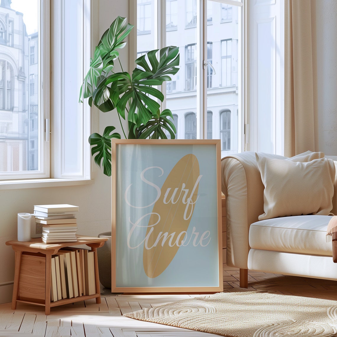 Surf Amore White Script Tan Surfboard on Coastal Blue Poster - Image 2