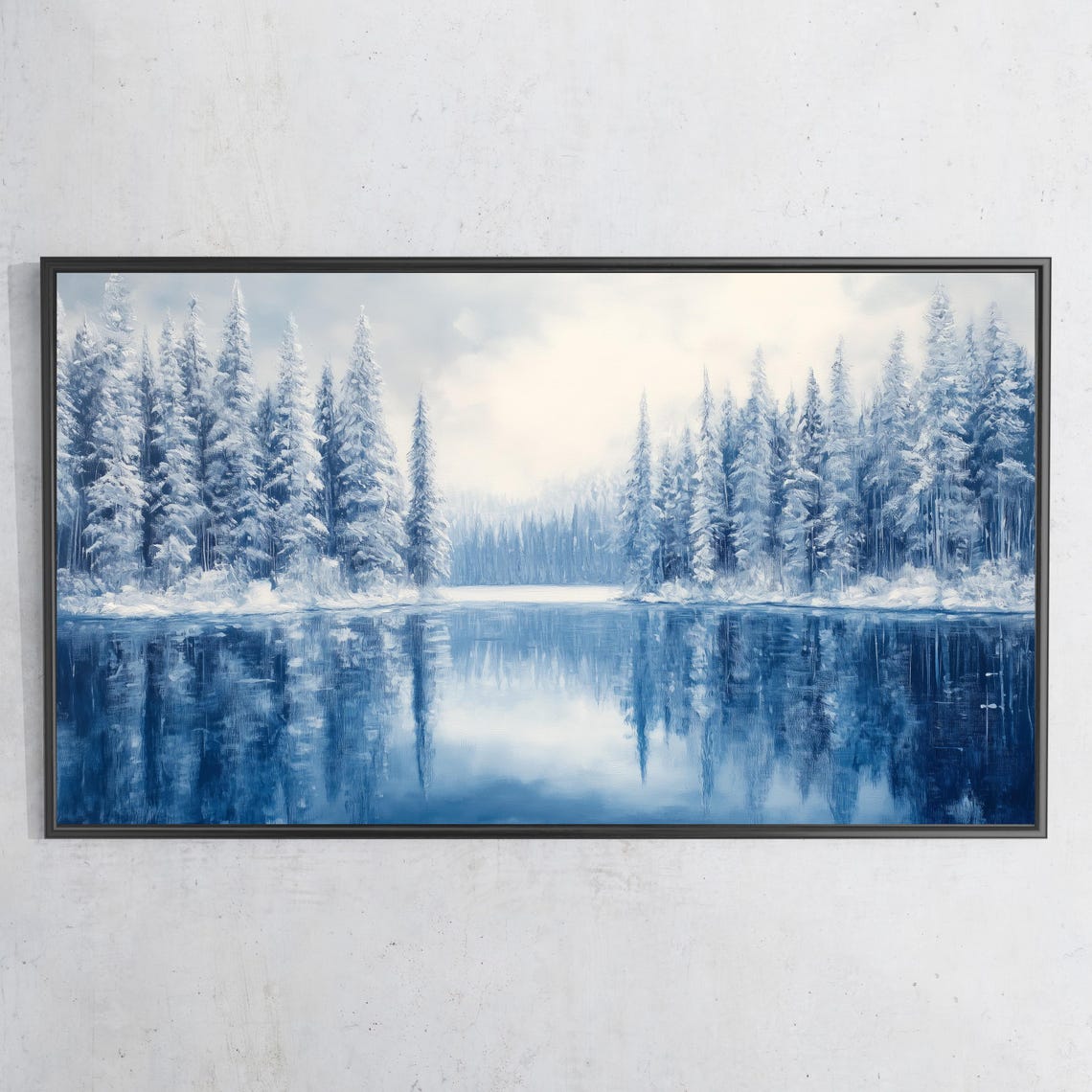 Winter Pine Forest Snowy Lake Mirror Reflection Blue Travel Poster