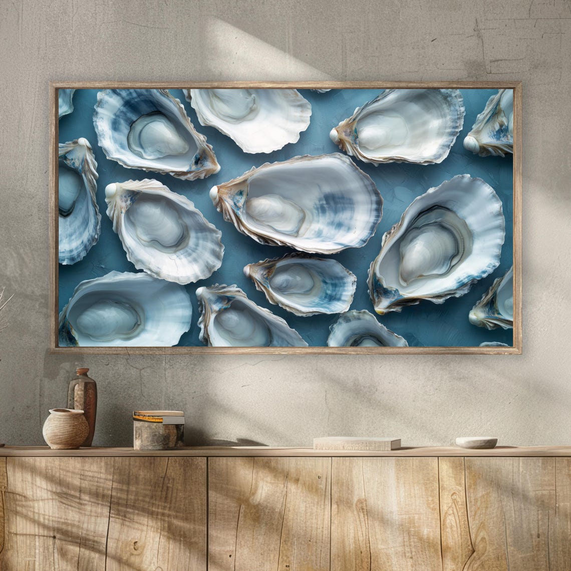 Oyster Shells Teal Blue Background Coastal Still Life Beach Wall Art - Image 2