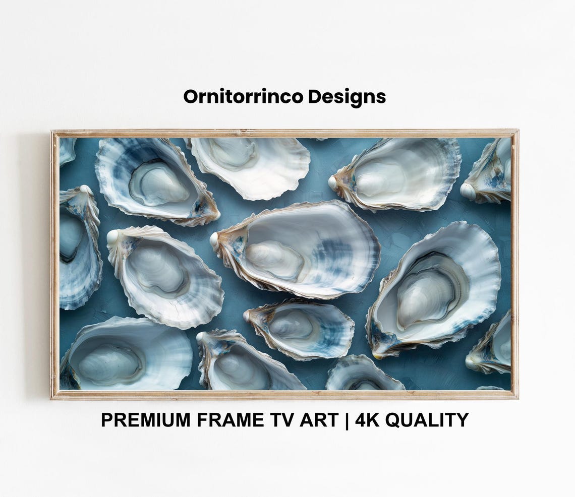 Oyster Shells Teal Blue Background Coastal Still Life Beach Wall Art - Image 3