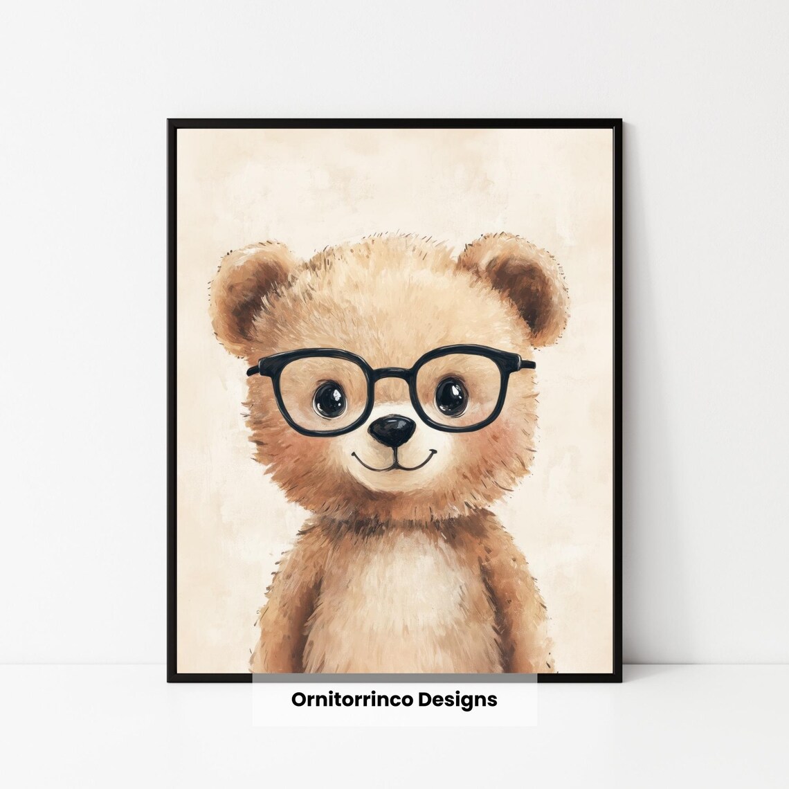 Cute Bear Wearing Glasses Watercolor Nursery Kids Room Wall Art
