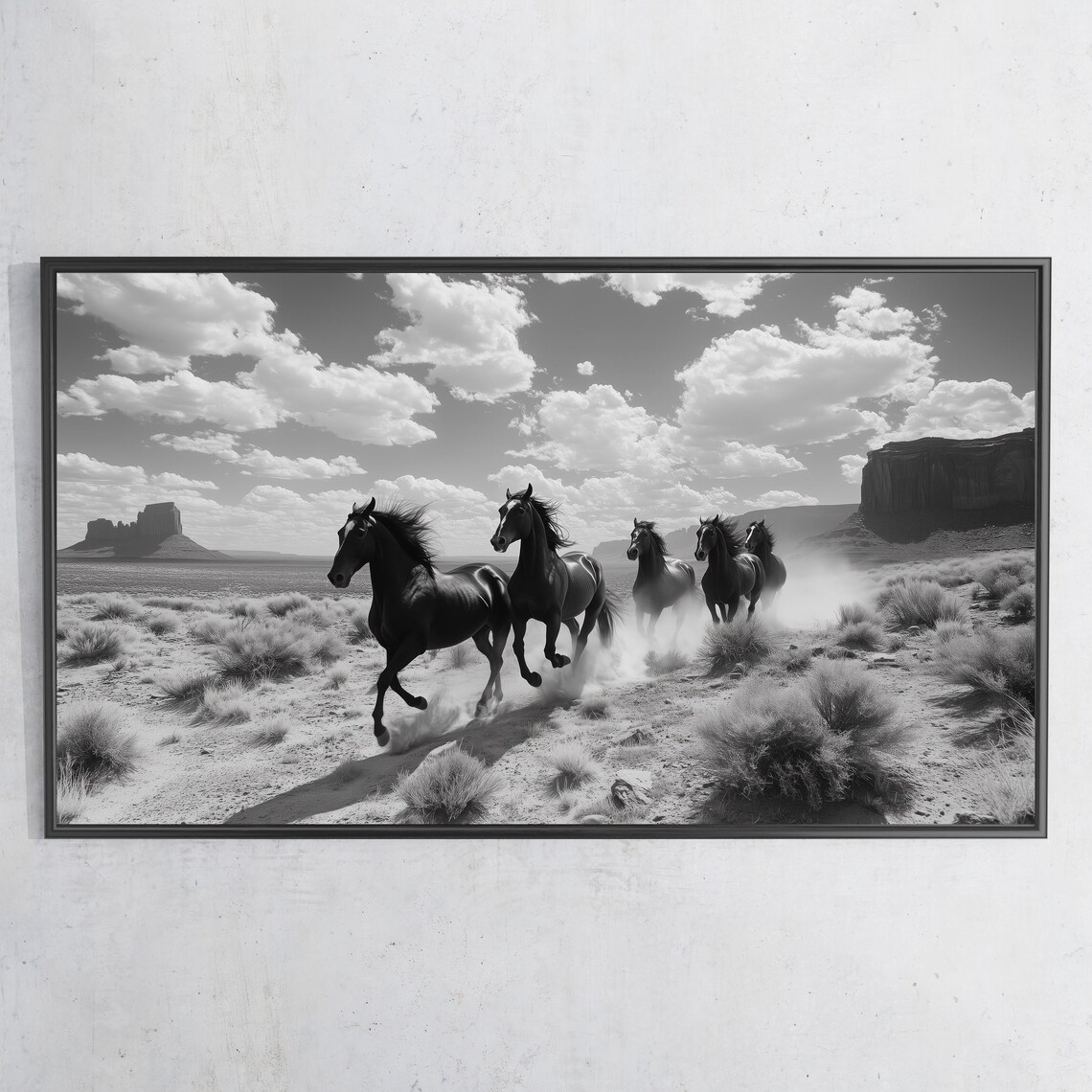 Wild Horses Running Desert Buttes Black White Nature Travel Poster