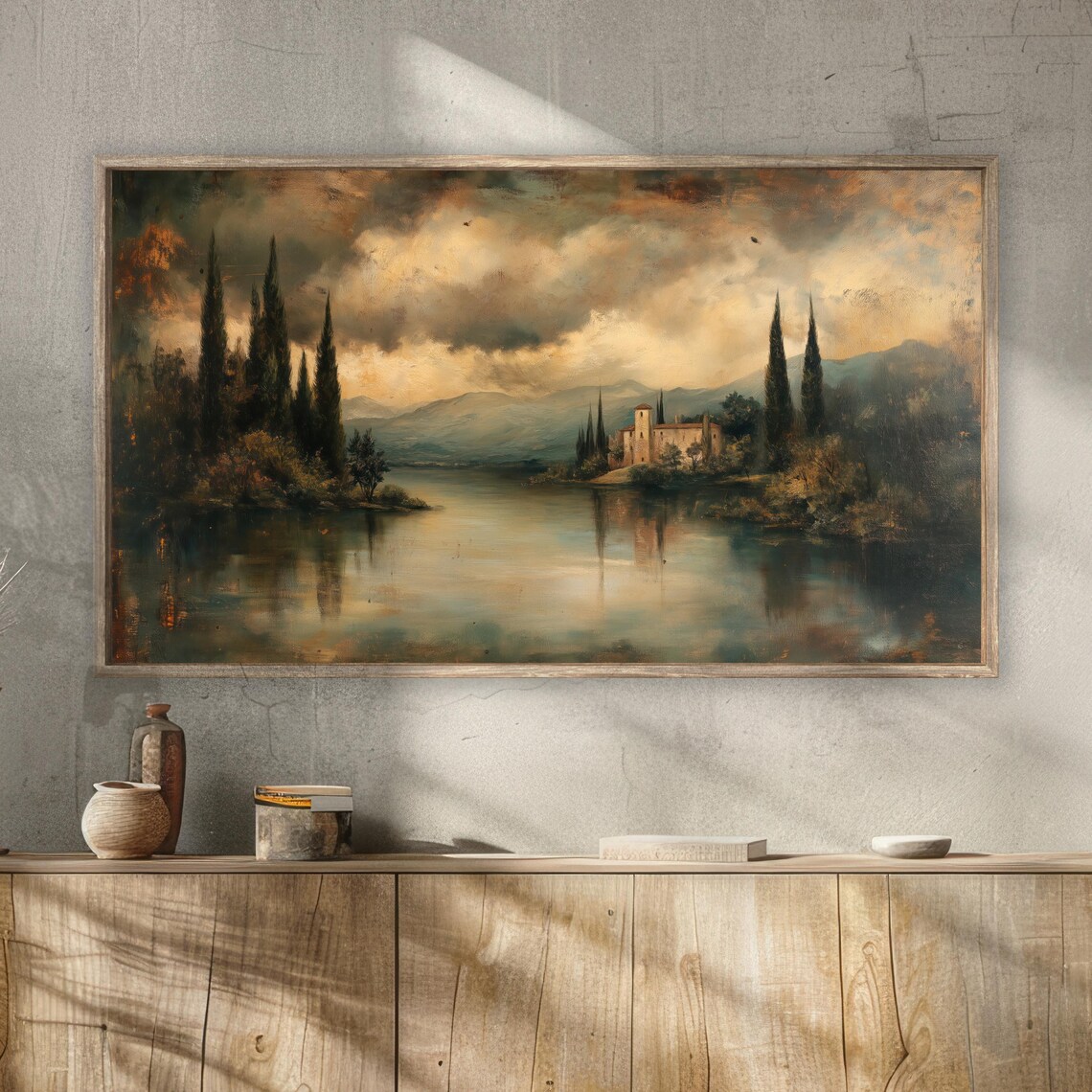 Moody Italian Lake Villa Stormy Sky Vintage Oil Painting Poster - Image 3