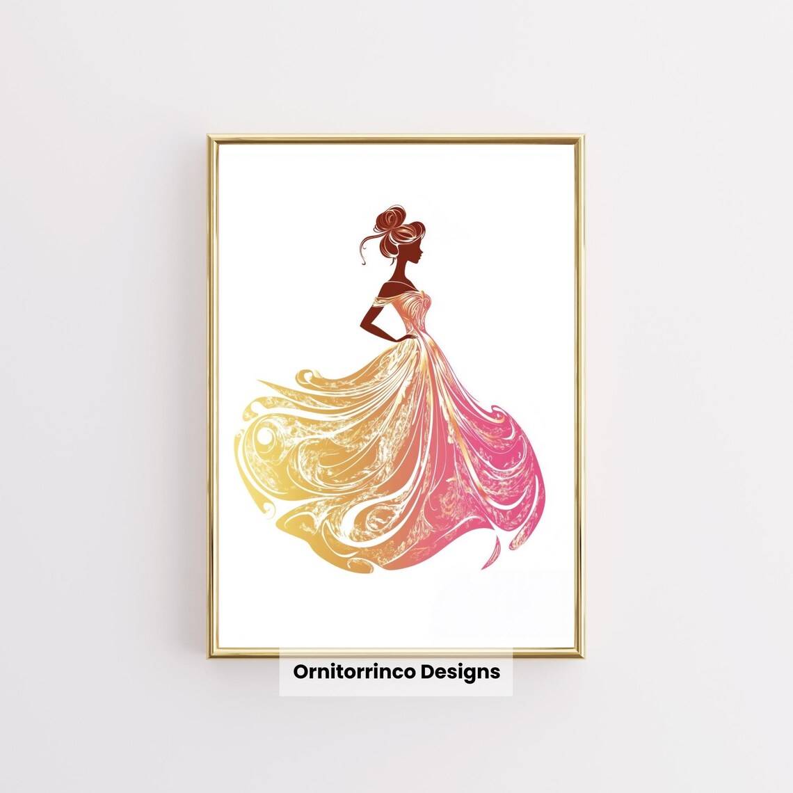 Gold Pink Ombre Princess Gown Silhouette Swirling Ballgown Poster