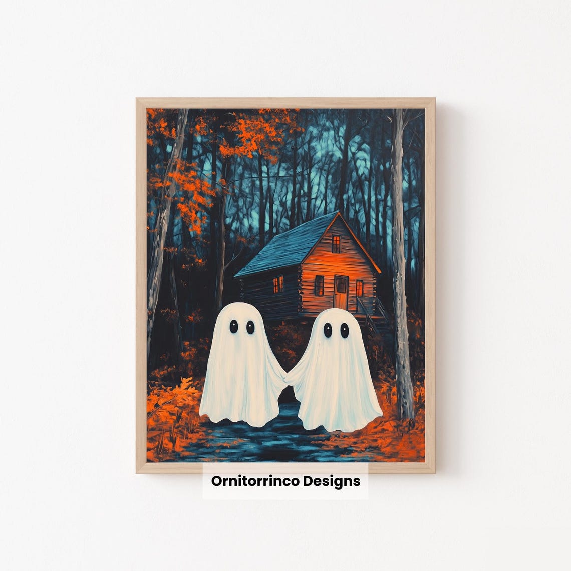 Cute Ghosts Holding Hands Cabin Autumn Night Halloween Wall Art - Image 2