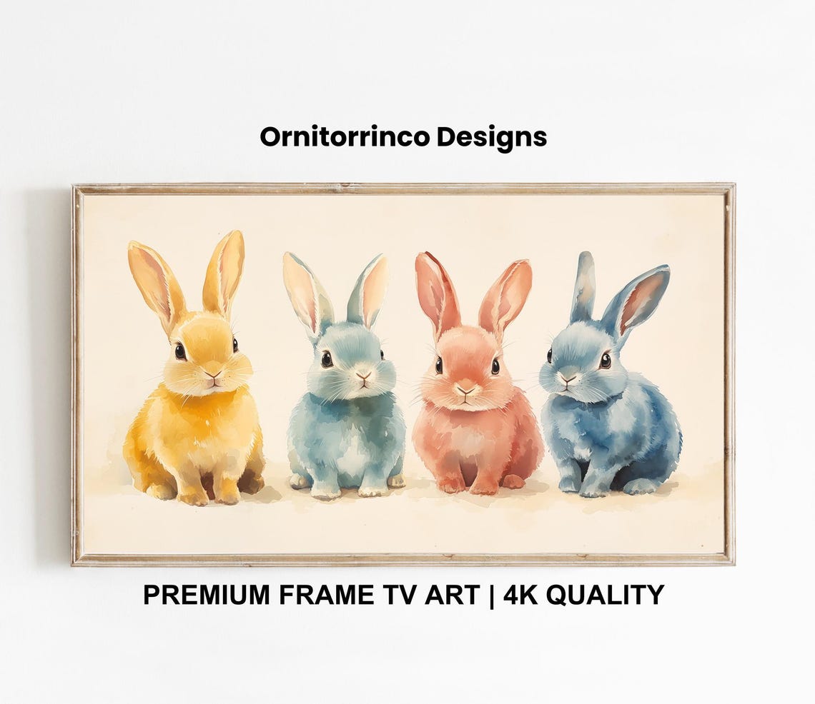 Four Pastel Easter Bunnies Watercolor Cute Spring Nursery Poster