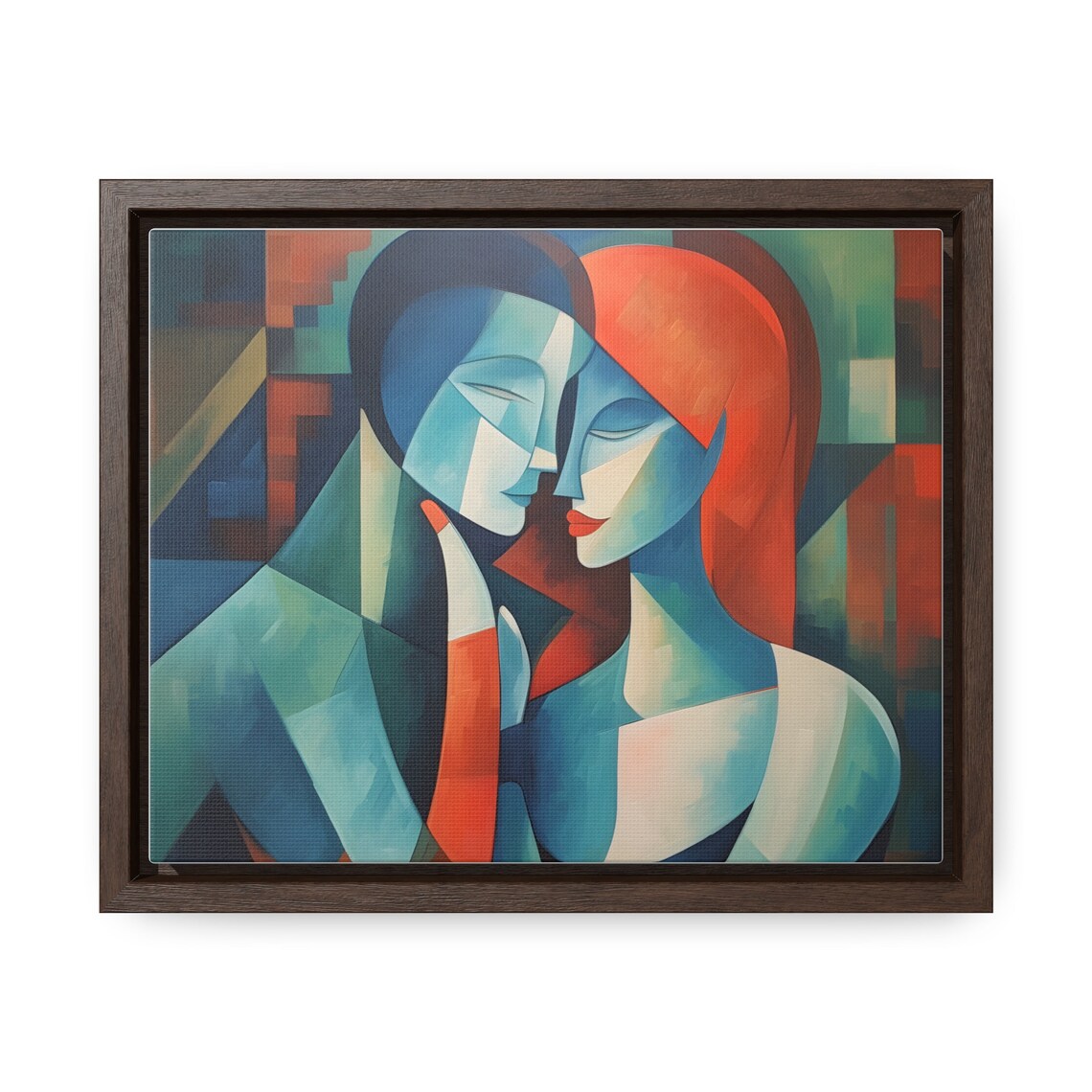 Abstract Tender Embrace of Two Lovers in Cubist Blue and Red Wall Art - Image 4