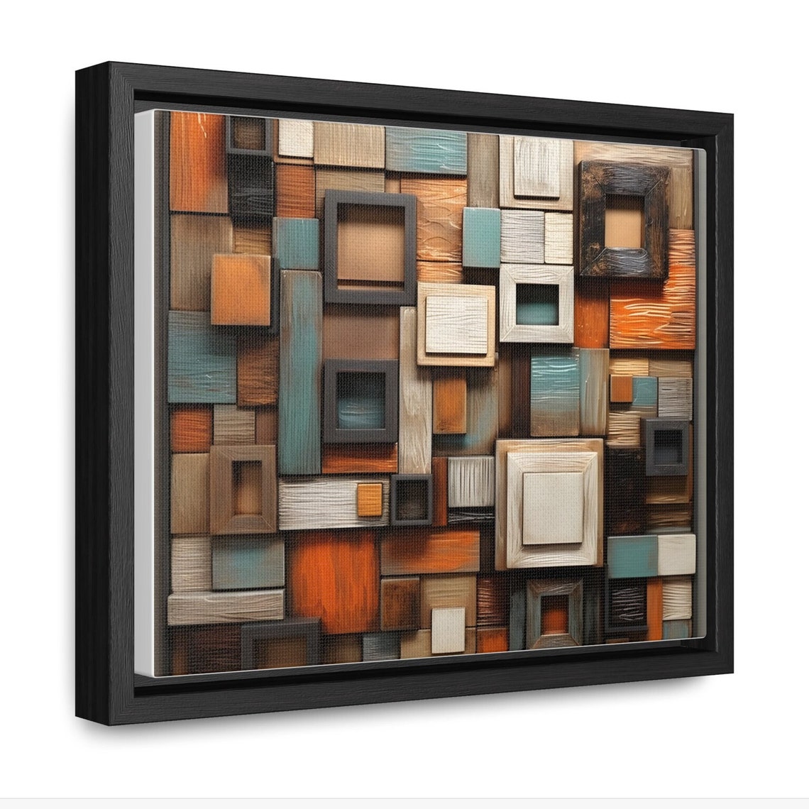 Wooden Geometric Squares Mosaic Orange Teal 3D Relief Art Poster - Image 2