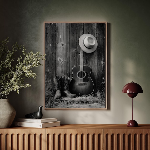 Black and White Western Guitar Cowboy Boots Hat Rustic Wall Poster