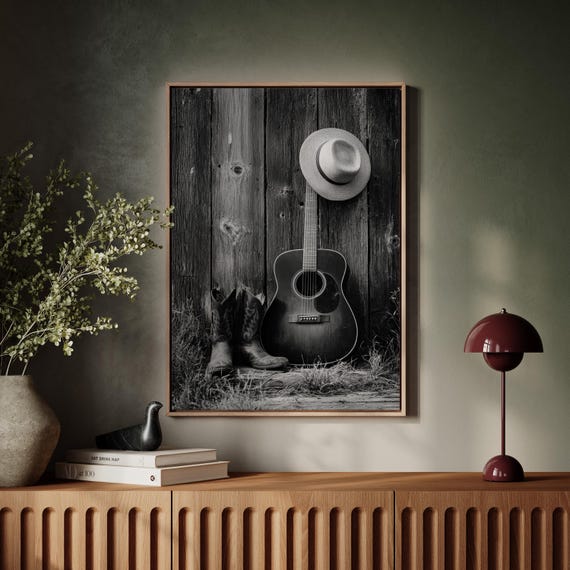 Rustic Western Wall Art Black And White Guitar Cowboy Boots Hat Canvas Print Country Farmhouse Music Photography Poster Decor