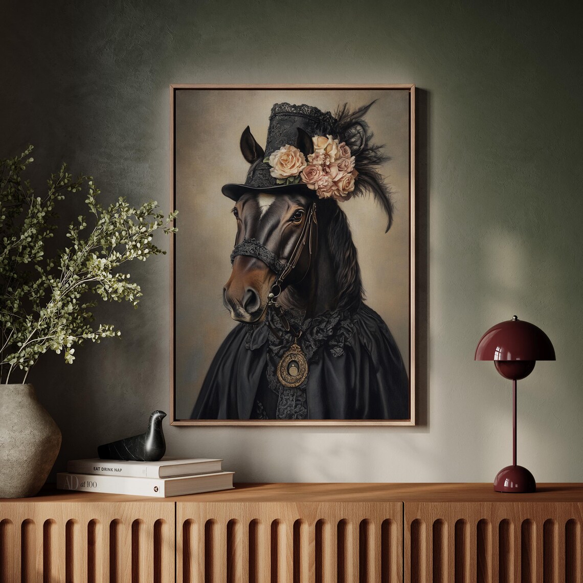 Elegant Horse In Black Lace Dress And Rose Hat Victorian Animal Poster