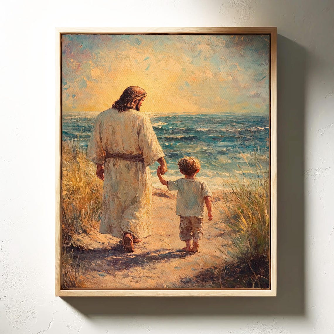 Jesus Walking With Child Sunset Ocean Path Christian Art Poster