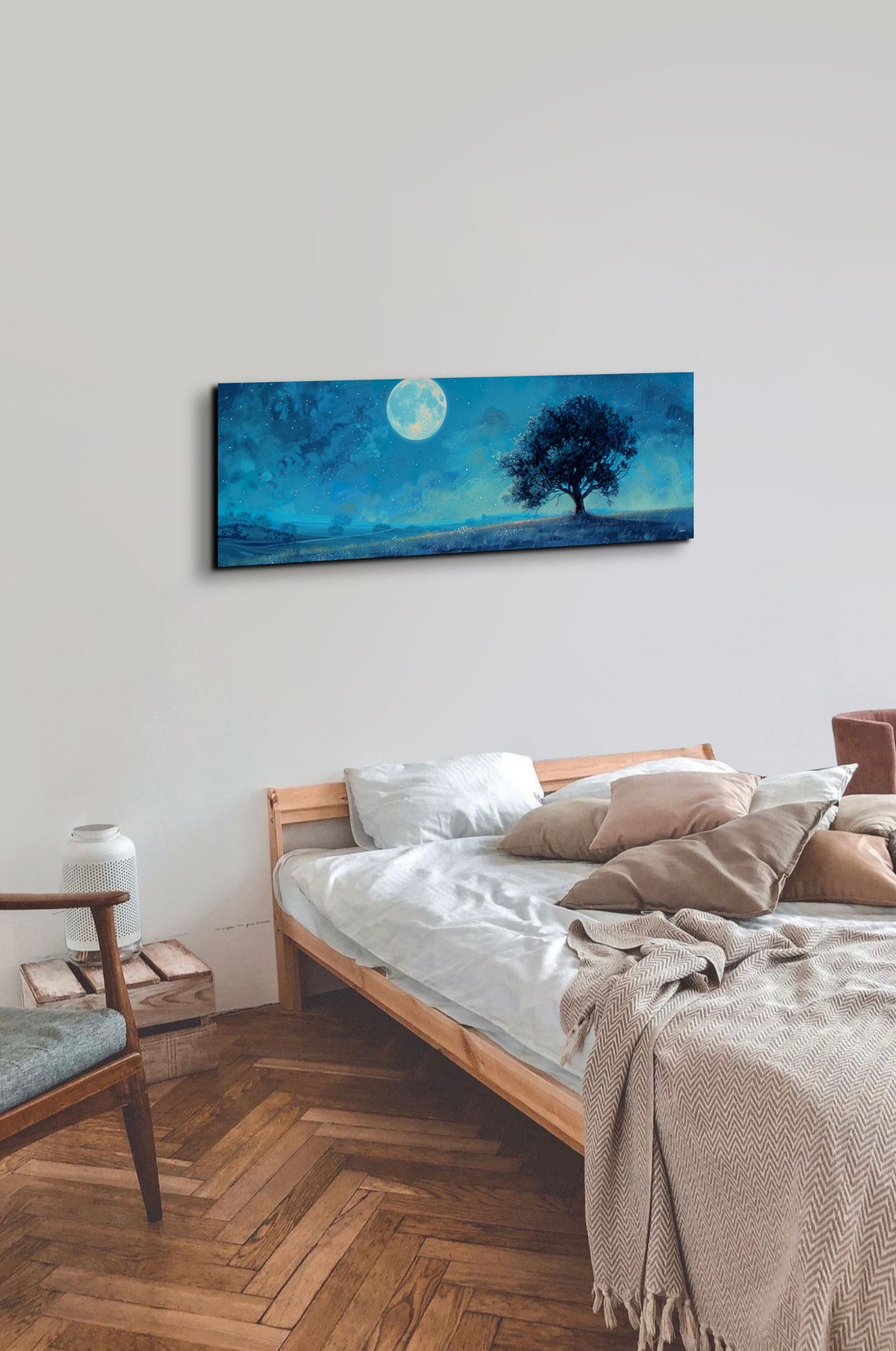 Full Moon Over Lone Tree Starry Night Panoramic Landscape Poster - Image 4