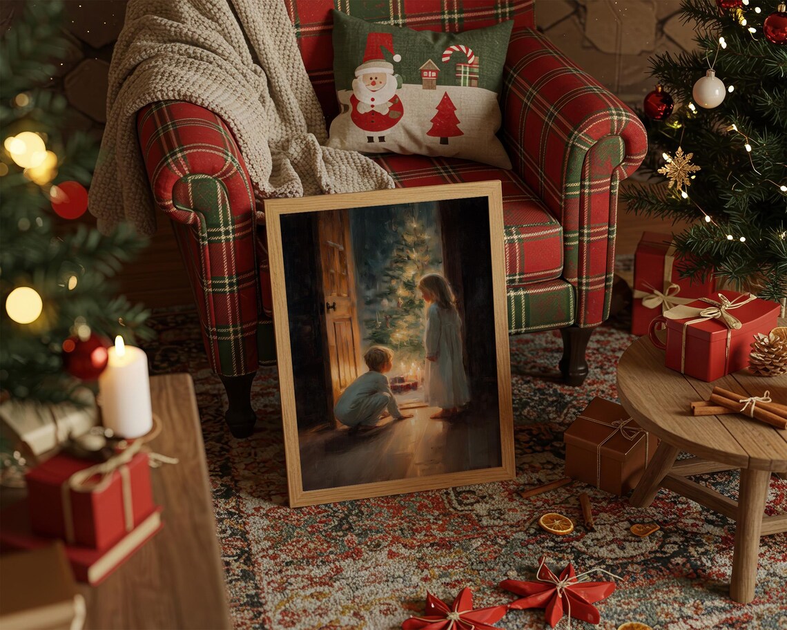 Children Discovering Christmas Tree Glow Art Print