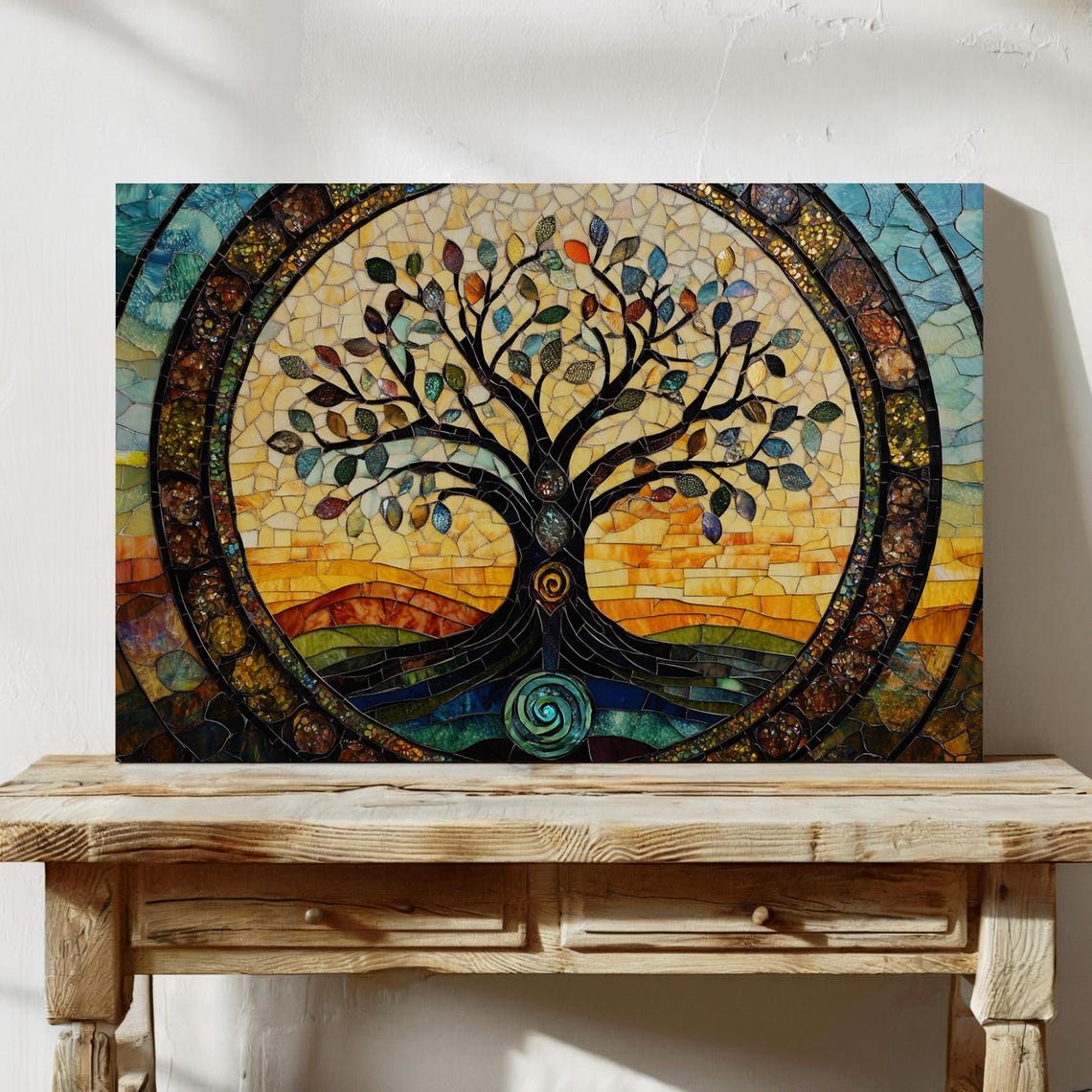 Stained Glass Tree Of Life Mosaic With Teal Border Sunset Poster