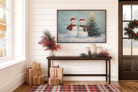 Smiling Snowmen Pair With Christmas Tree Vintage Snowy Painting Poster