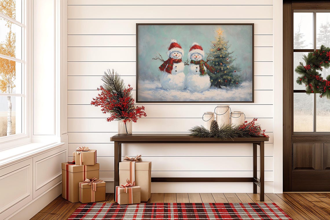 Smiling Snowmen Pair With Christmas Tree Vintage Snowy Painting Poster