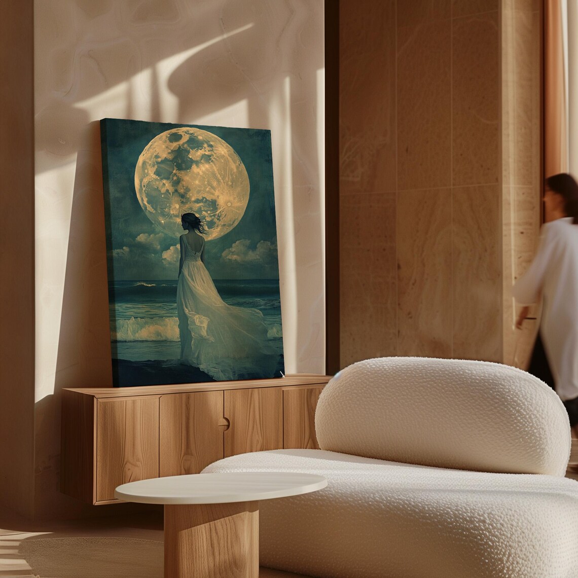 Moonlit Ocean Woman in White Dress Art Print - Image 6