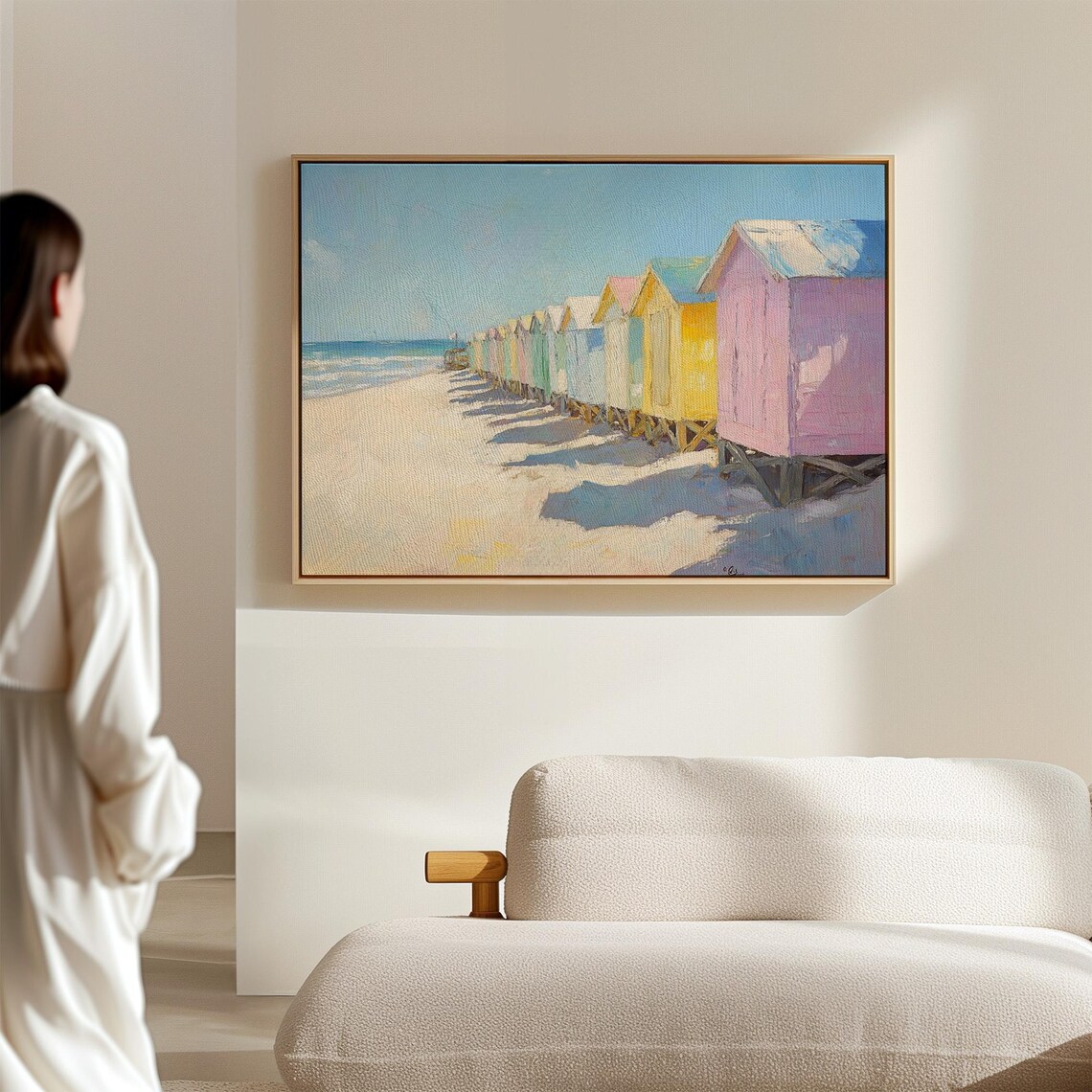 Pastel Beach Huts Shoreline Colorful Coastal Oil Painting Poster - Image 7