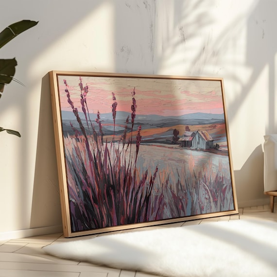 Pink Sunset Over Grassy Field With Old Barn Landscape Poster