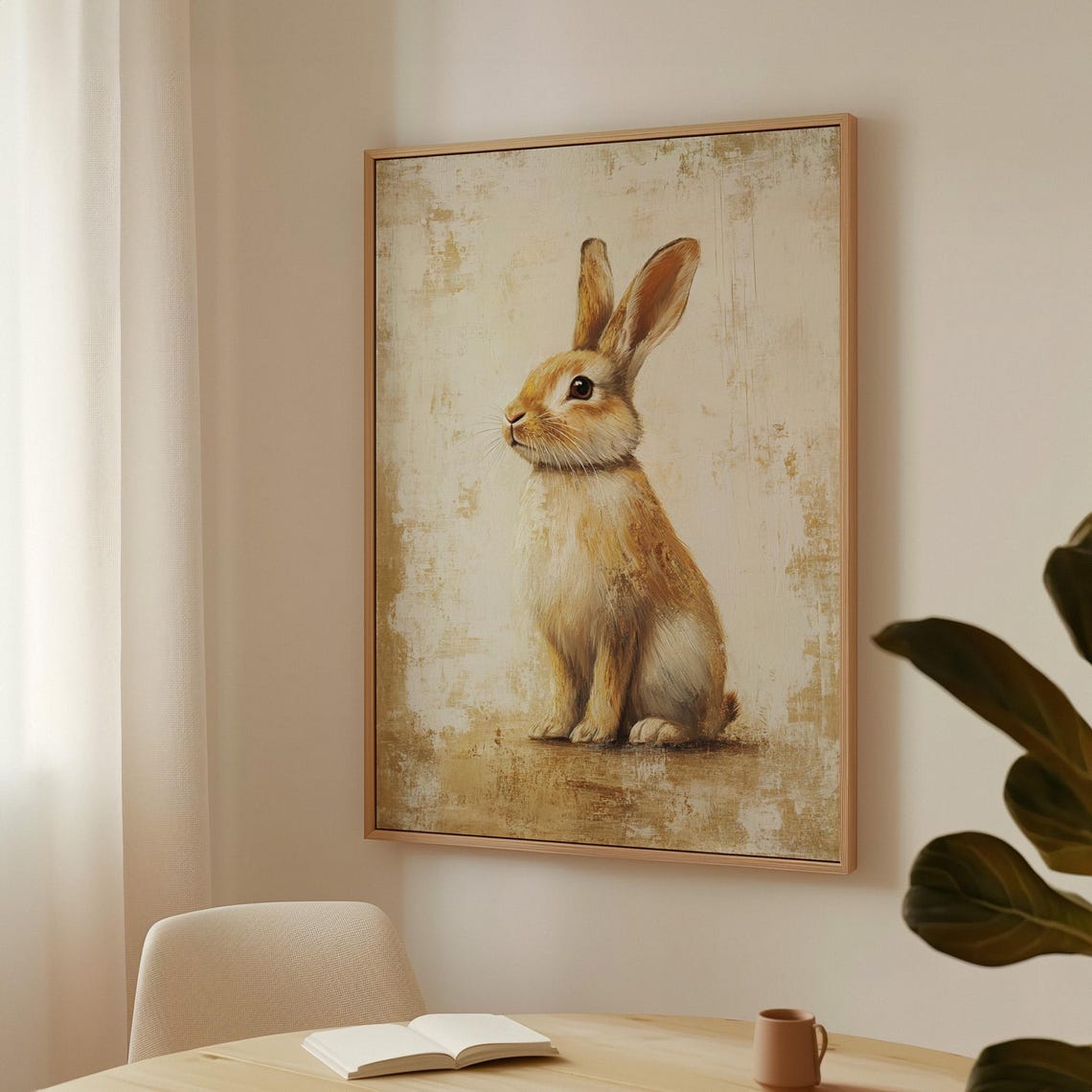 Realistic Brown Rabbit Portrait on Distressed Cream Canvas Poster - Image 4