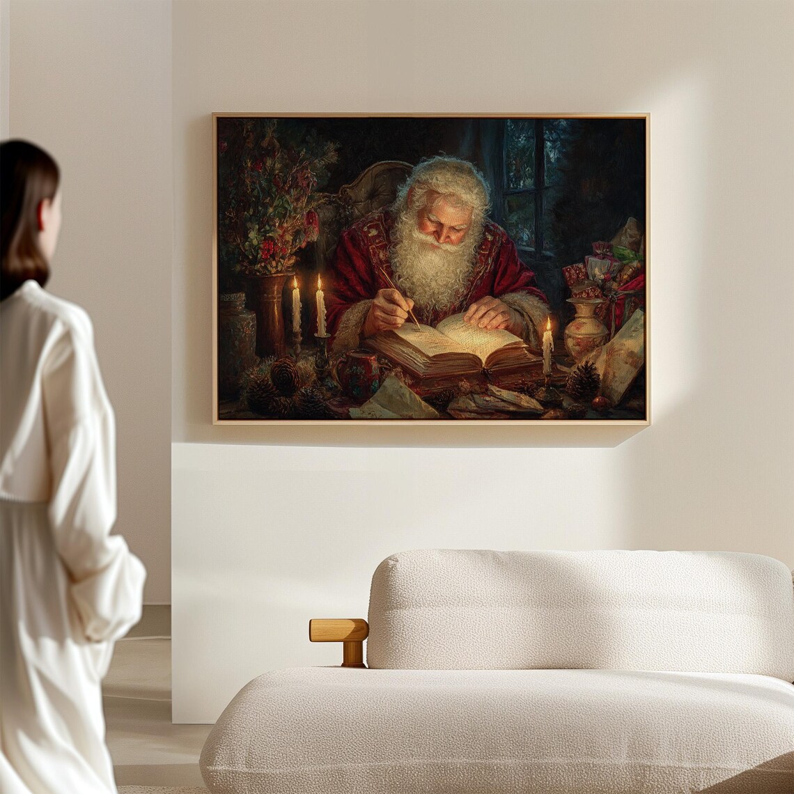 Santa Writing His List, Vintage Christmas Oil Painting - Image 5