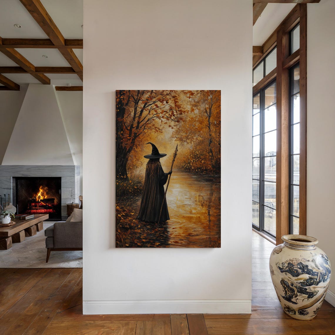 Mystical Witch Walking Along a Golden River in Autumn Forest Poster - Image 4