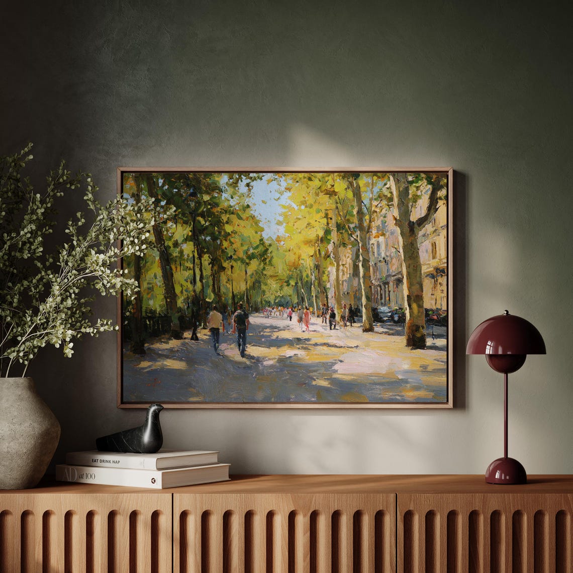 Sunlit Tree Lined Avenue with Strolling People City Park Poster