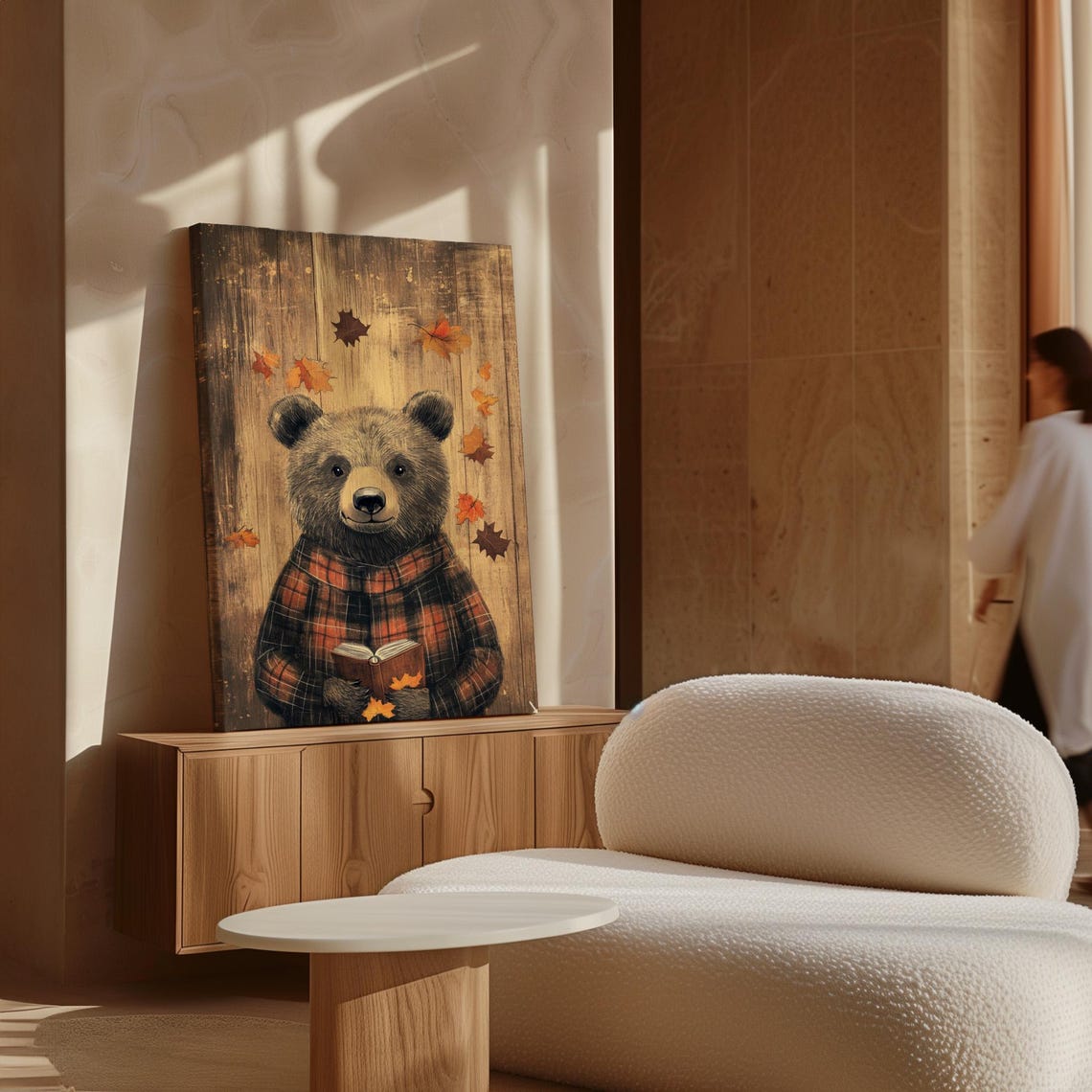 Autumn Bear in Red Plaid Reading a Book Among Fall Leaves Poster - Image 5