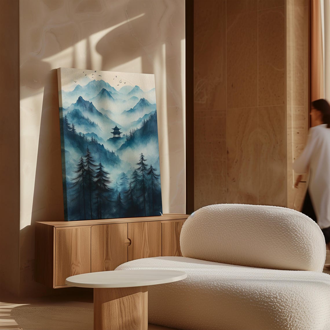 Misty Blue Mountain Pagoda Serene Asian Ink Landscape Wall Art - Image 3