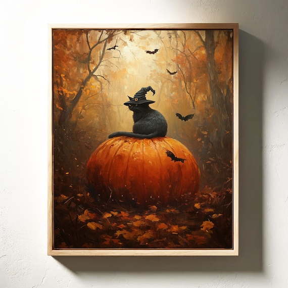 Black Cat Witch Hat On Pumpkin Autumn Forest Bats Spooky Halloween Poster
