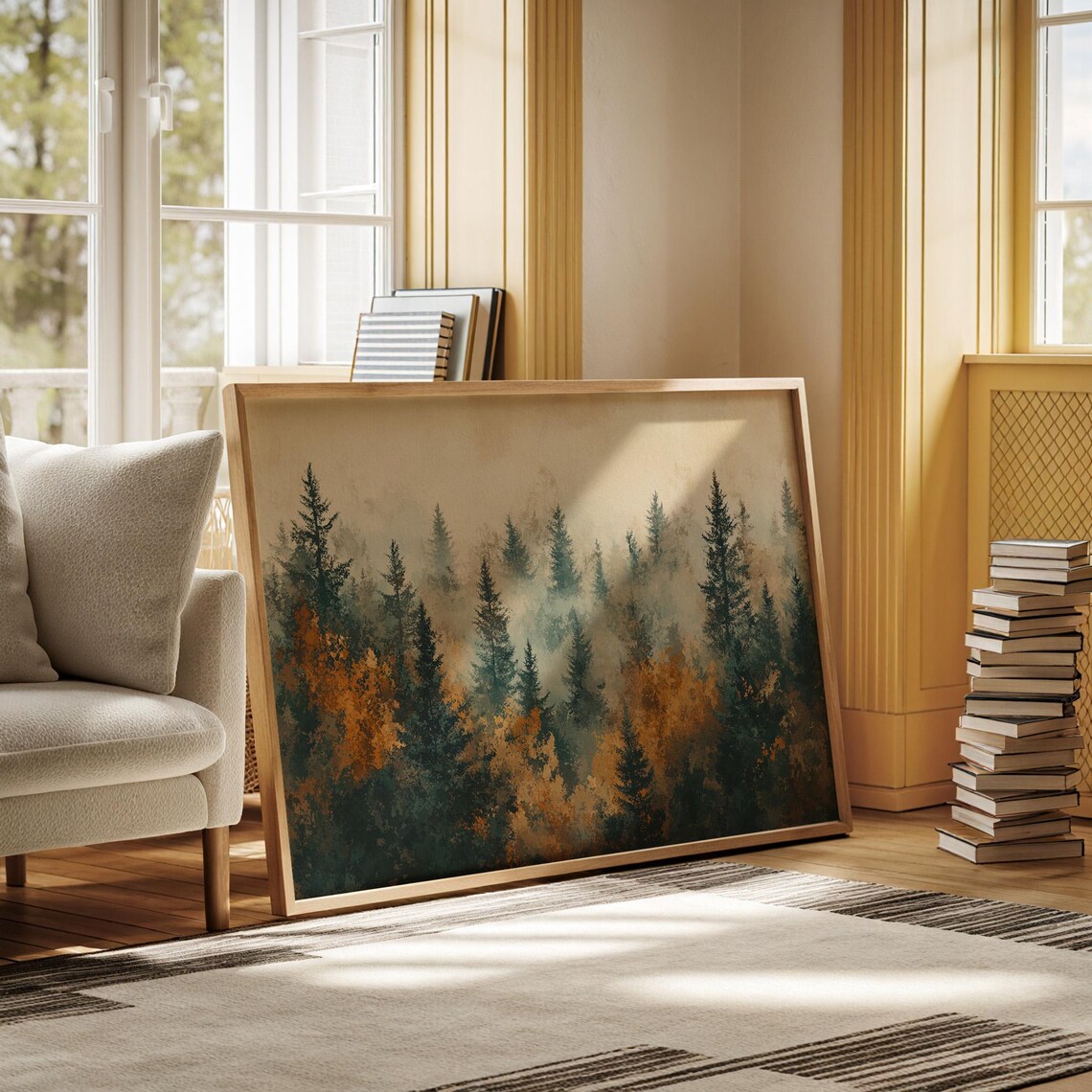 Serene Misty Autumn Pine Forest Fog Golden Fall Woodland Wall Art - Image 7