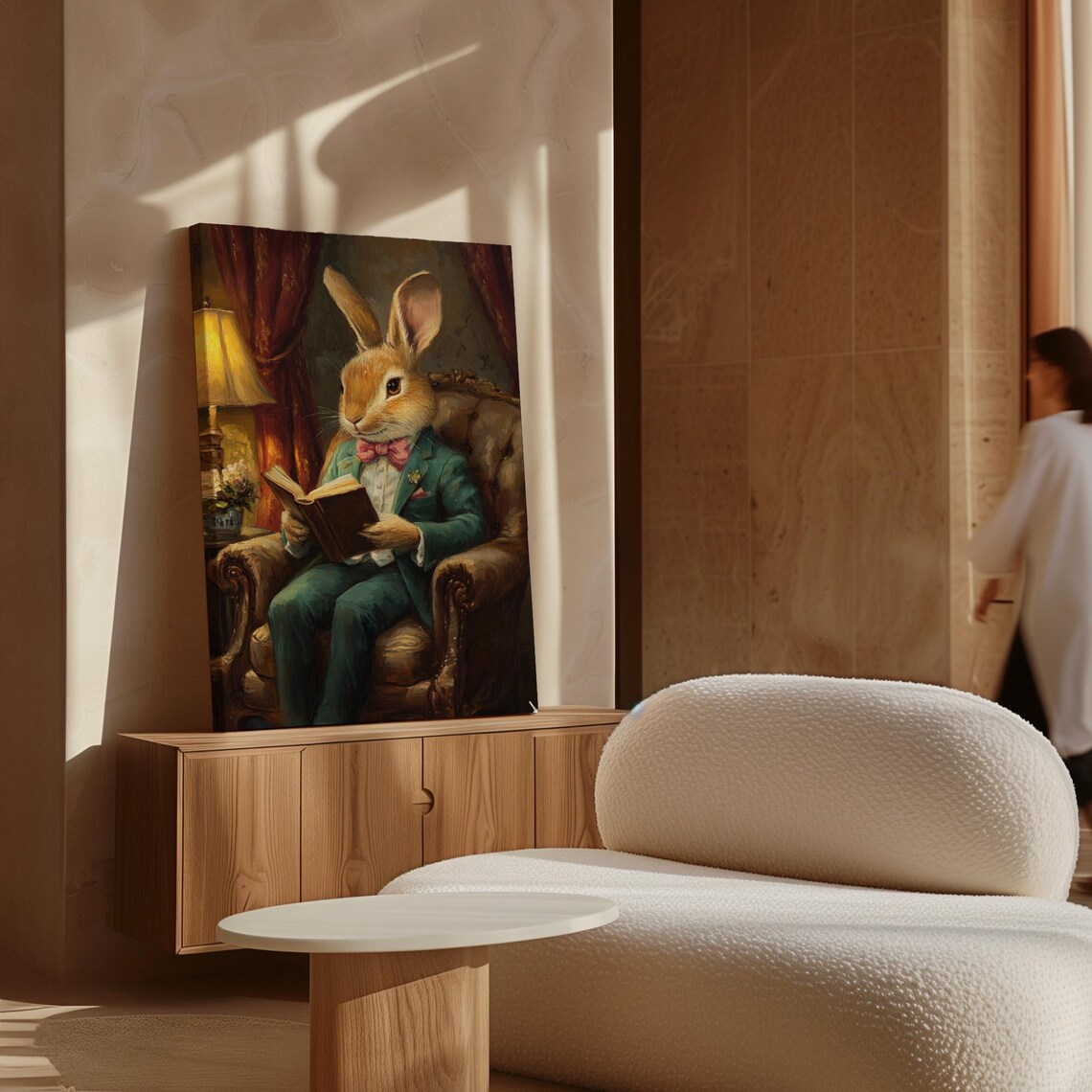 Gentleman Rabbit in Green Suit Reading Book in Library Chair Poster - Image 3