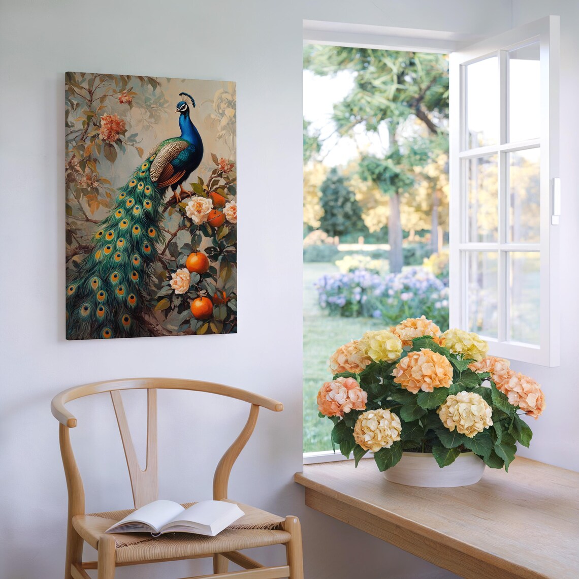 Majestic Peacock On Blossoming Branch With Oranges Vintage Poster - Image 5