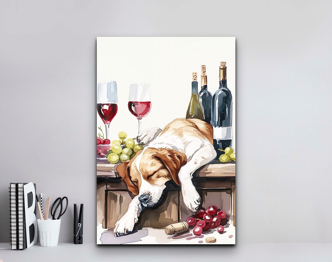 Sleeping Beagle Puppy Wine Bar Humorous Dog Watercolor Wall Art - Image 4