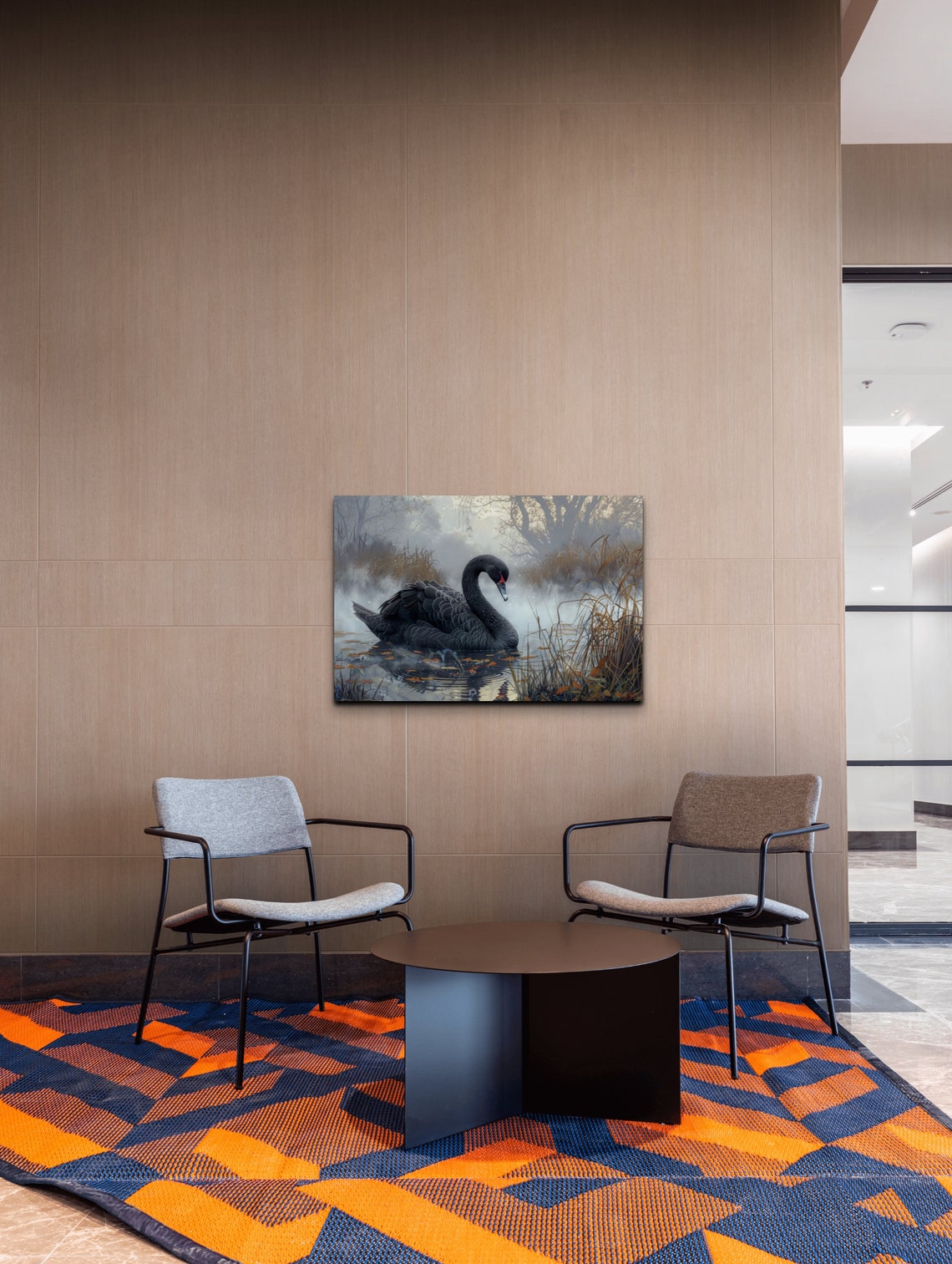 Black Swan in Misty Reeds on Autumn Lake Wildlife Art Poster - Image 5