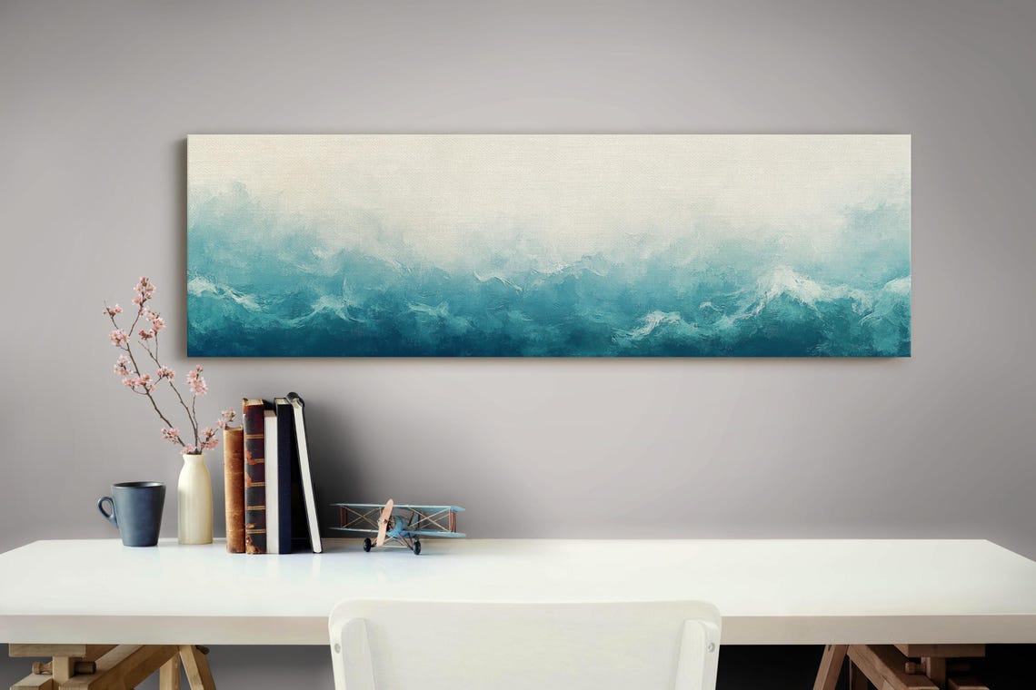Abstract Teal Ocean Waves Under Pale Luminous Sky Panoramic Wall Art