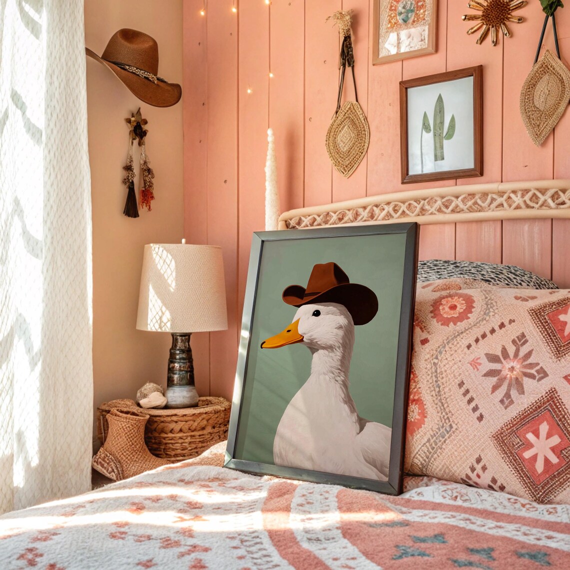 Cowboy Duck In Brown Hat Whimsical Western Portrait Art Poster