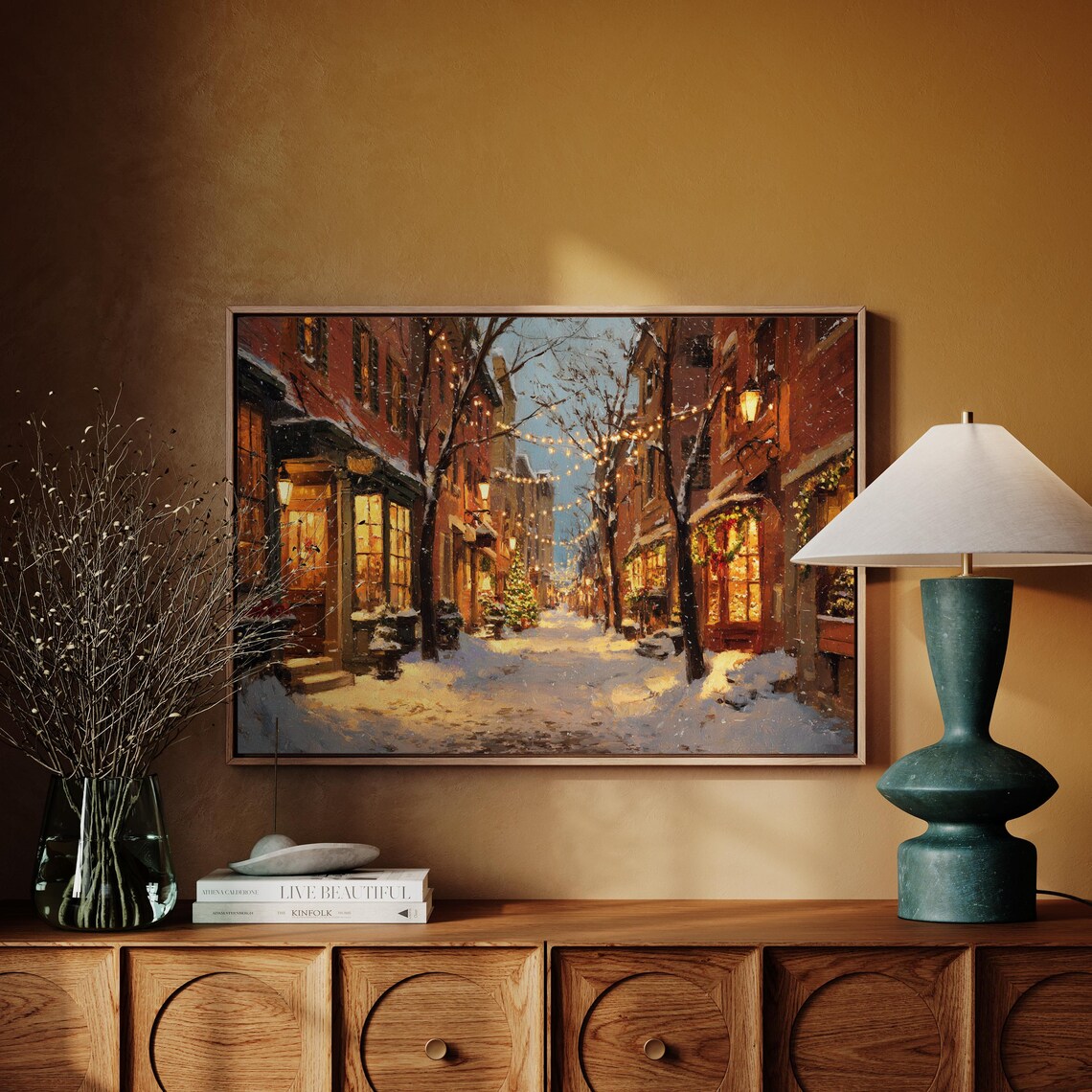 Snowy Christmas Village Street With Glowing Shop Lights Poster