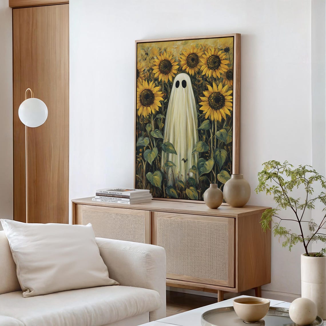 Cute Ghost In Sunflower Field Vintage Halloween Spooky Art Poster - Image 4