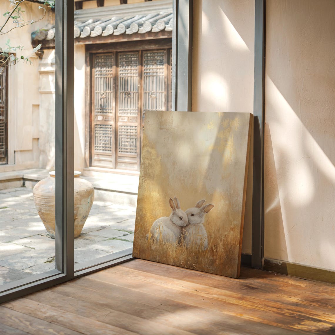 Two White Rabbits Nuzzling Together in Golden Wheat Field Glow Poster - Image 7
