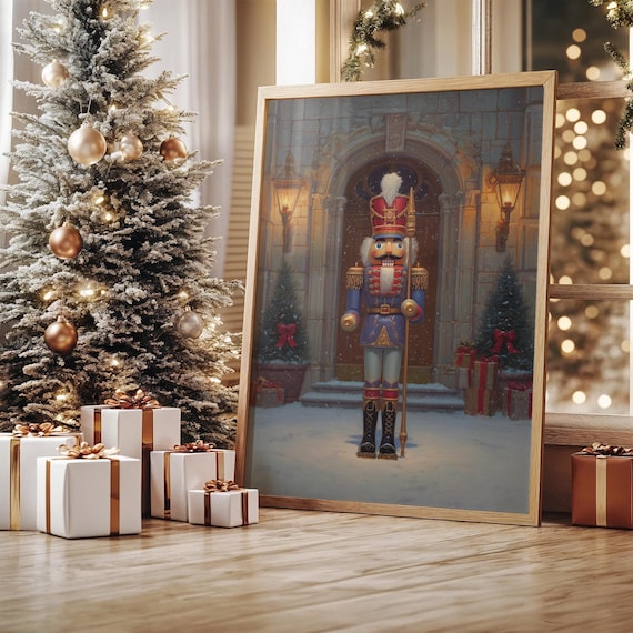 Grand Nutcracker Soldier Guarding Snowy Manor Door Christmas Poster