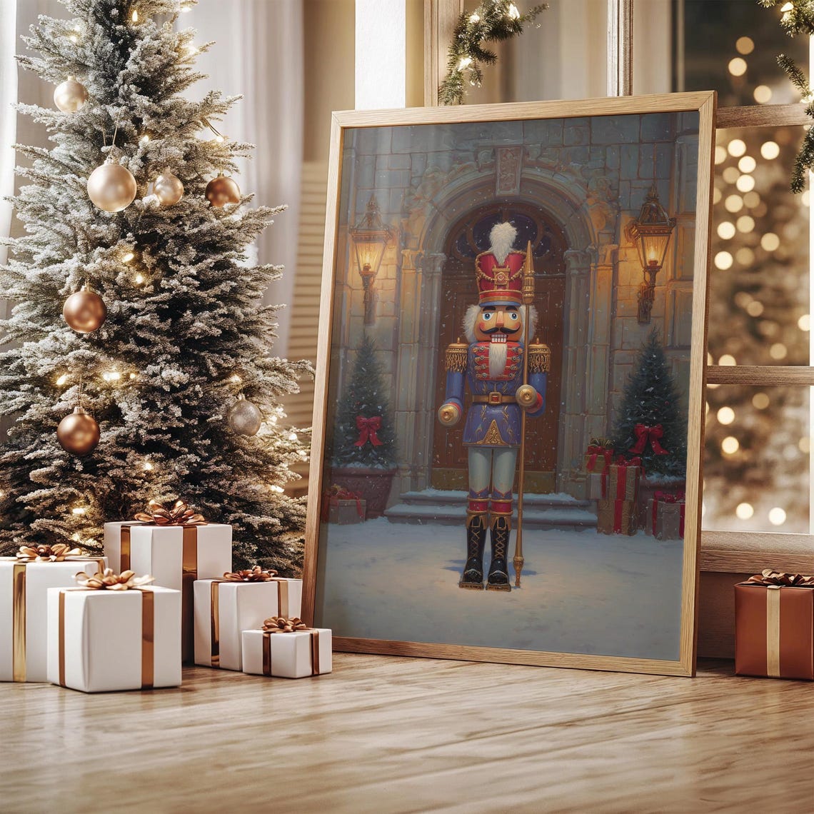 Grand Nutcracker Soldier Guarding Snowy Manor Door Christmas Poster