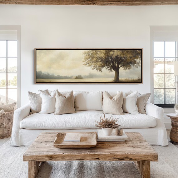 Rustic Farmhouse Landscape Vintage Tree Barn Wall Art Minimalist Country Scene Neutral Toned Decor Peaceful Nature Painting