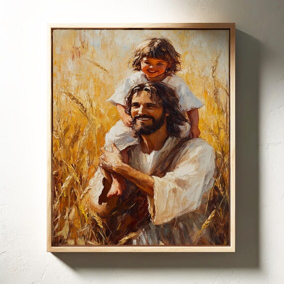 Jesus Carrying Child Golden Wheat Field Joy Christian Poster