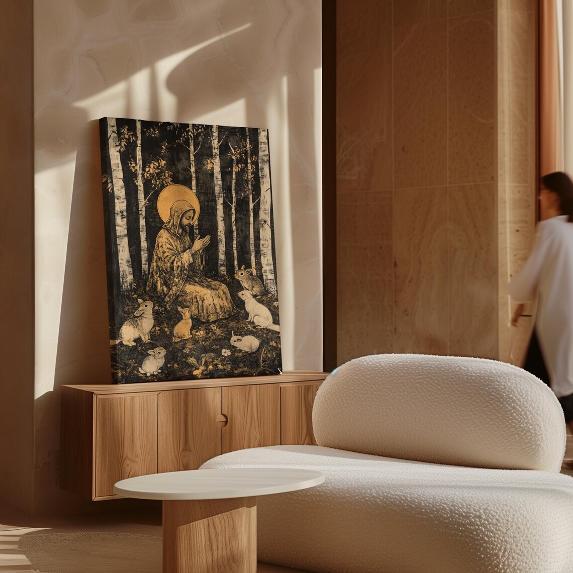 Woodland Monk Praying Among Rabbits In Golden Birch Forest Wall Art - Image 7