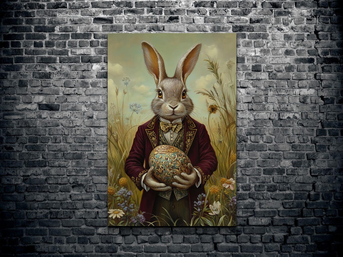 Victorian Rabbit In Burgundy Coat Holding Ornate Easter Egg Poster - Image 2